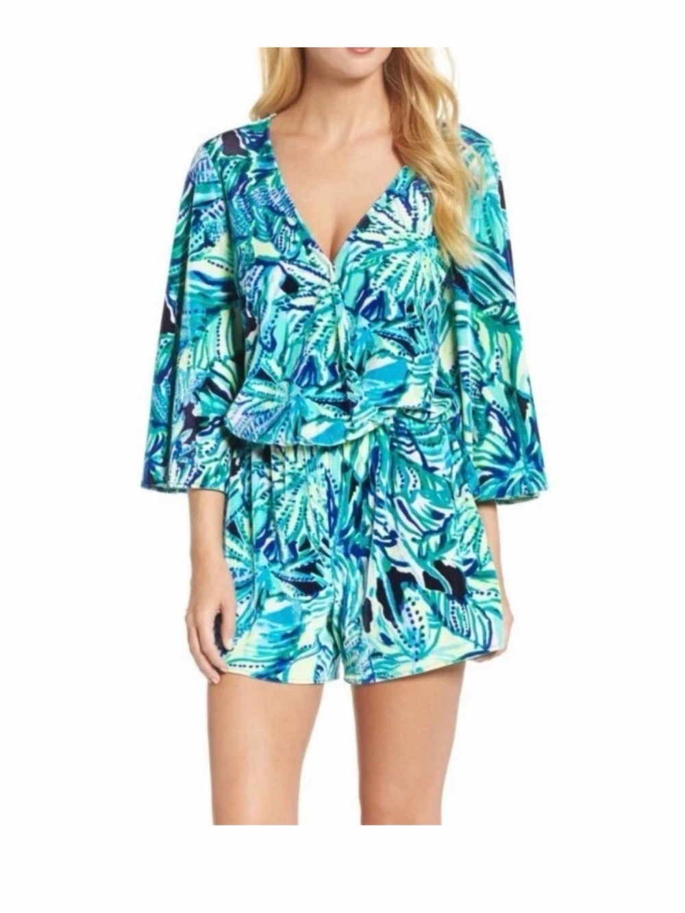 Lilly Pulitzer Viviana Romper Green Navy Blue Armadilly Tropical Velour XXS
